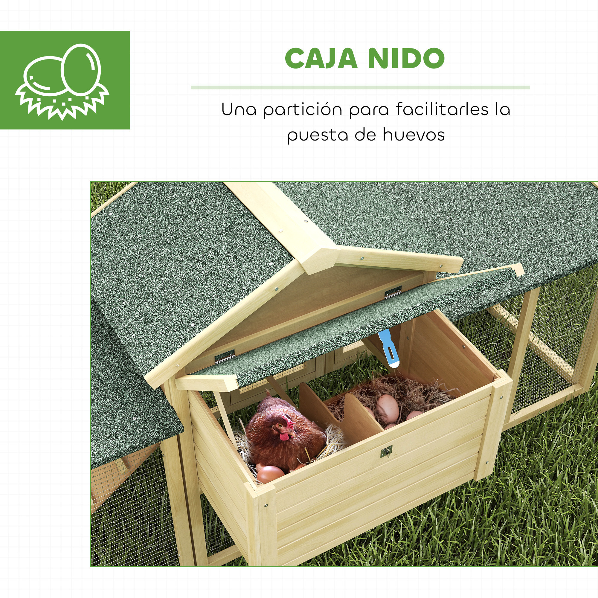 Gallinero para Exterior Grande de Madera, 204x85x93 cm, Gallinero con Caja de Anidación, Corral, Bandeja Extraíble, Techo Impermeable, Rampa y Percha, Jaula para Conejos, Patos, Madera Natural