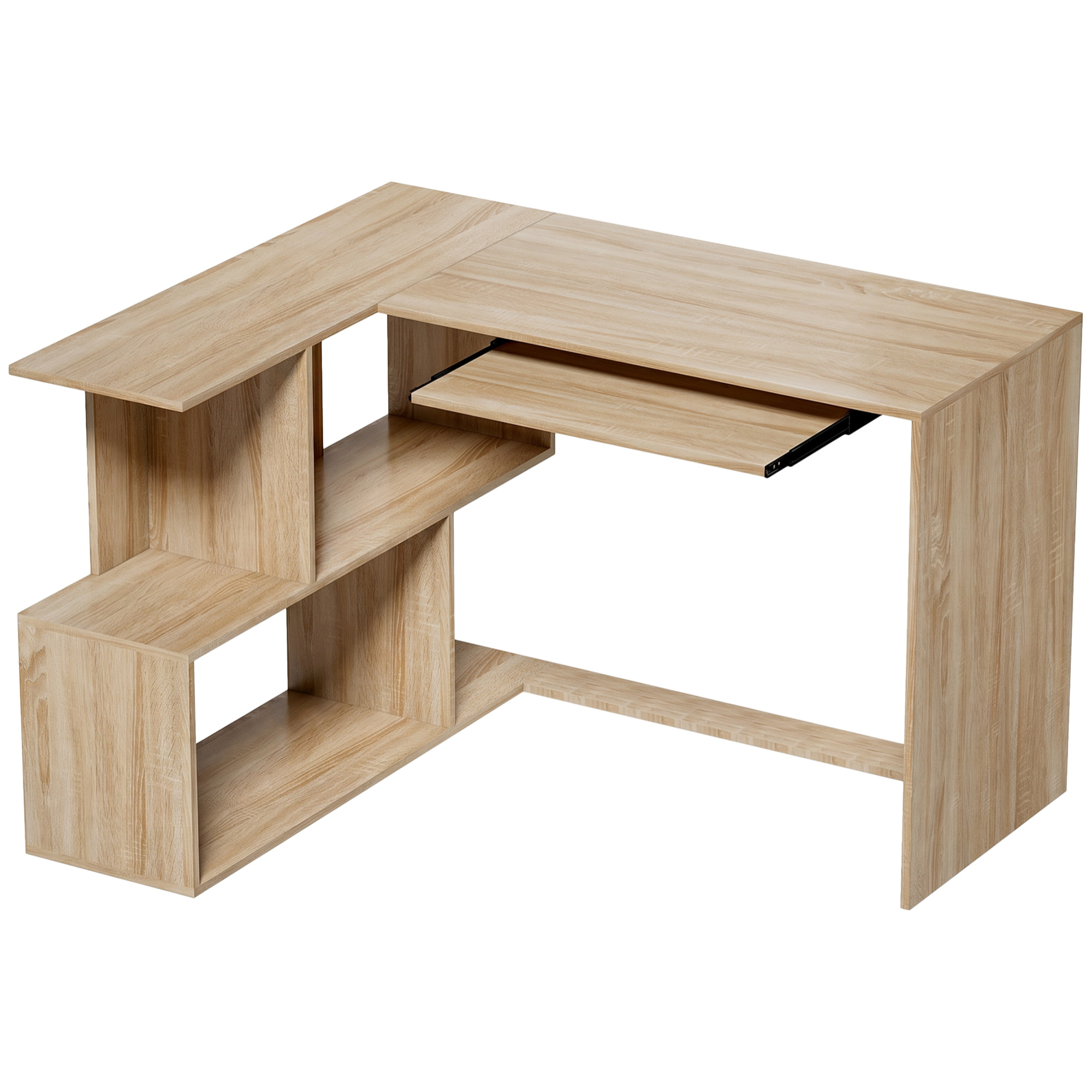 Bureau informatique - bureau d'angle 120 x 100 cm - tablette coulissante clavier, 4 niches - effet bois clair
