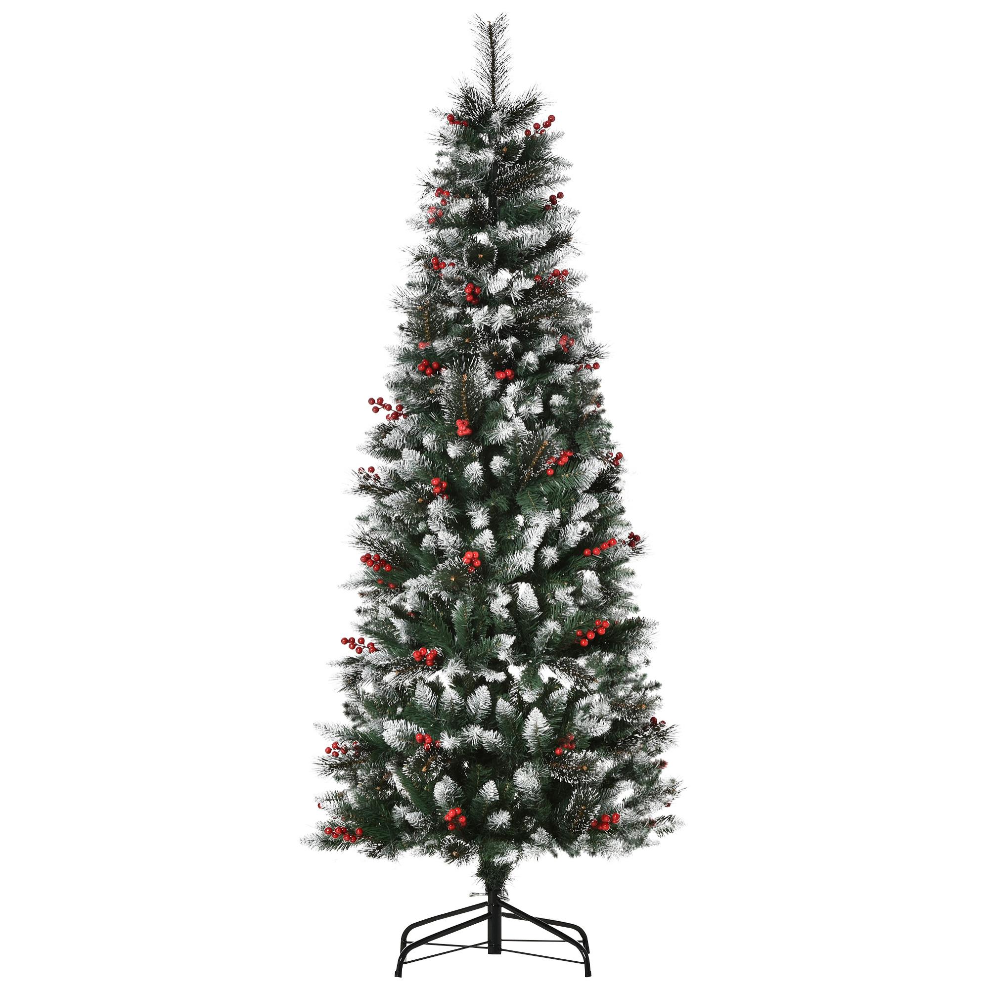 HOMCOM Árbol de Navidad Artificial con Nieve 180 cm Ignífugo con 539 Ramas 51 Bayas Hojas de PVC Base Plegable y Soporte Metálico Decoración Navideña para Interiores Verde