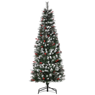 HOMCOM Árbol de Navidad Artificial con Nieve 180 cm Ignífugo con 539 Ramas 51 Bayas Hojas de PVC Base Plegable y Soporte Metálico Decoración Navideña para Interiores Verde