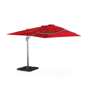 Parasol déporté rectangulaire rouge 3x4m + dalles à lester 50x50cm