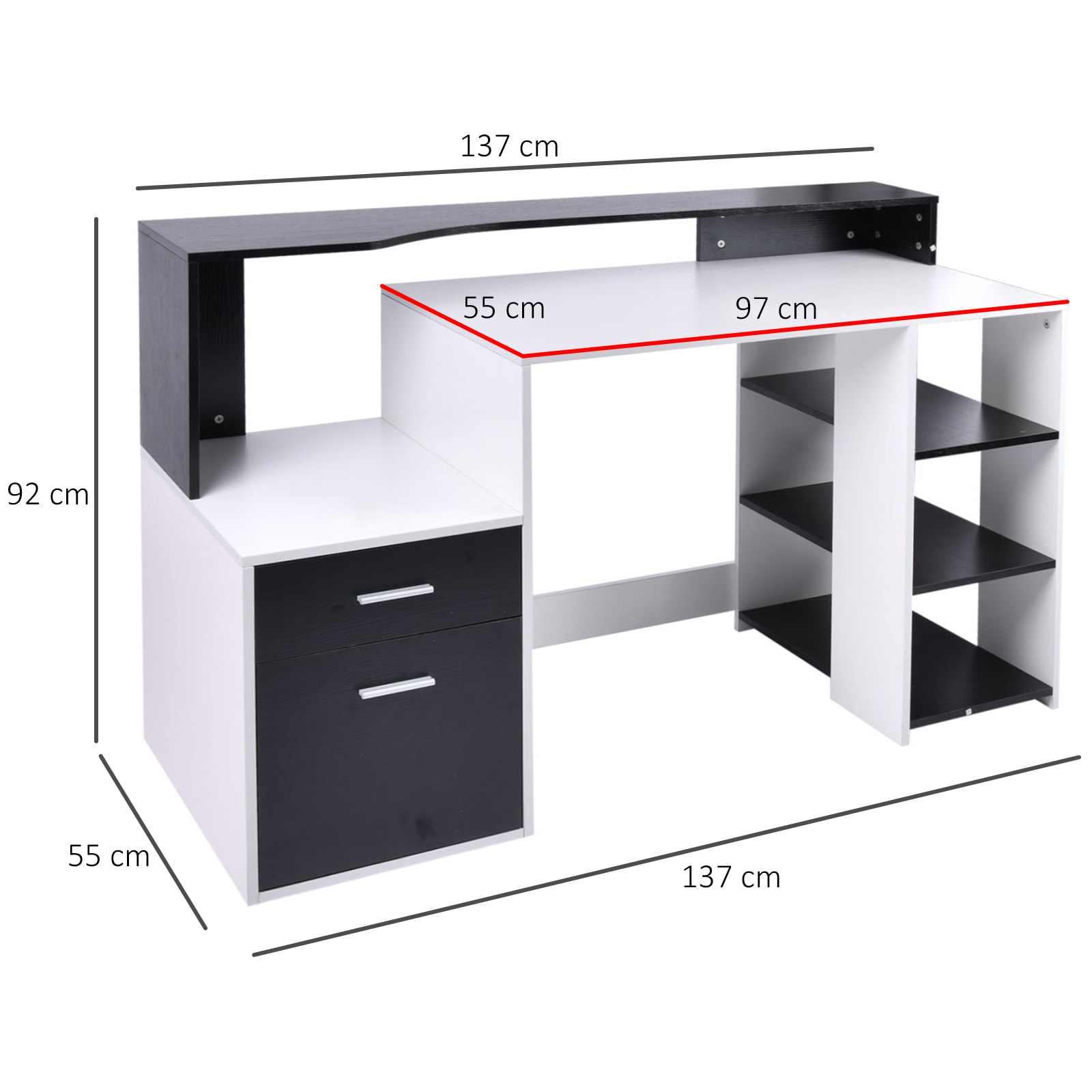 Bureau informatique multimédia design multi-rangements 137 L x 55 l x 92 H cm noir et blanc