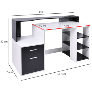 Bureau informatique multimédia design multi-rangements 137 L x 55 l x 92 H cm noir et blanc