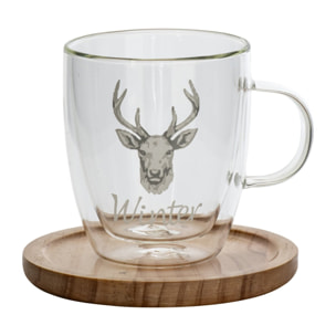 J-Line tasse et sous-tasse cerf - verre - blanc/naturel - set de 6