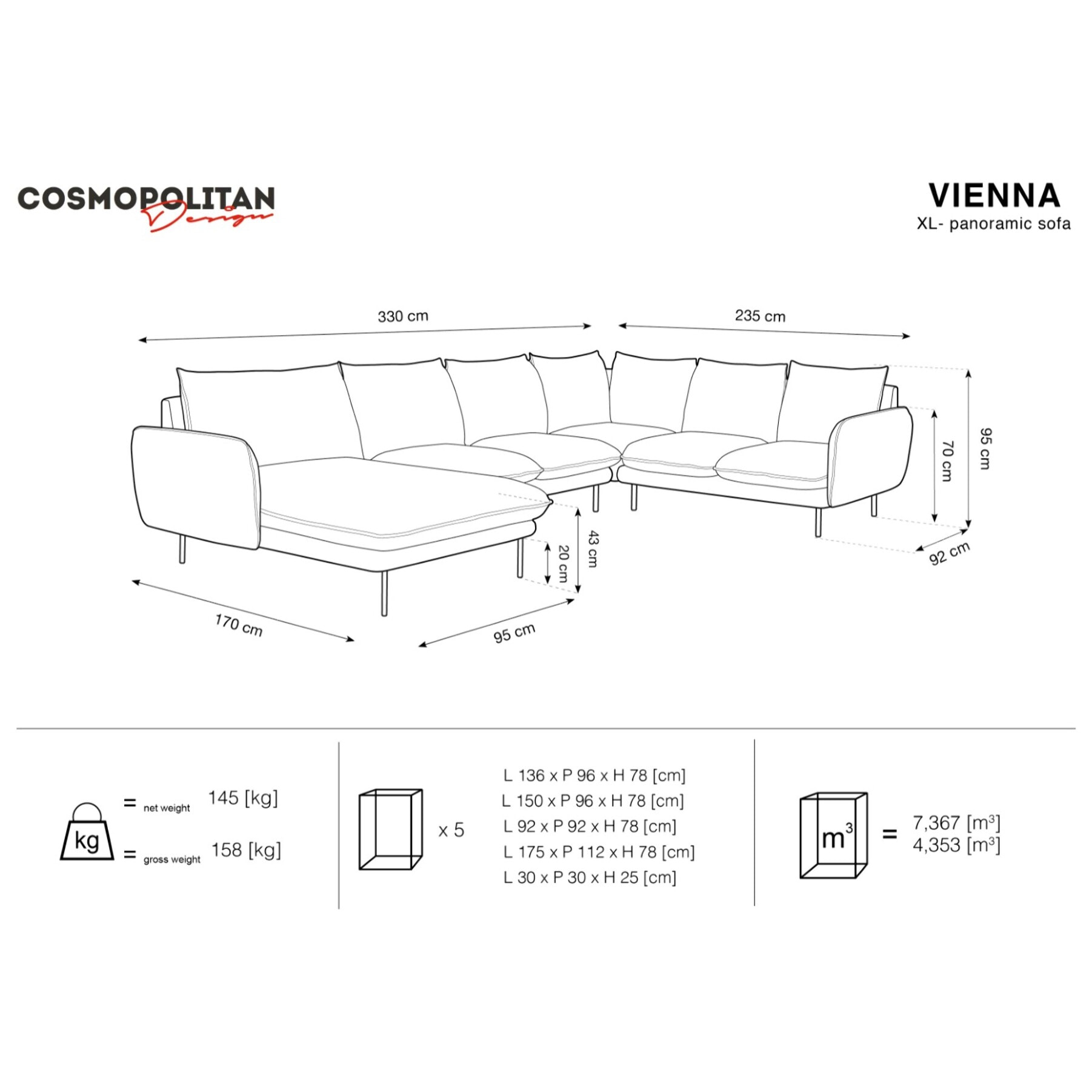 Canapé d'angle droit panoramique "Vienna" 7 places en tissu structurel beige