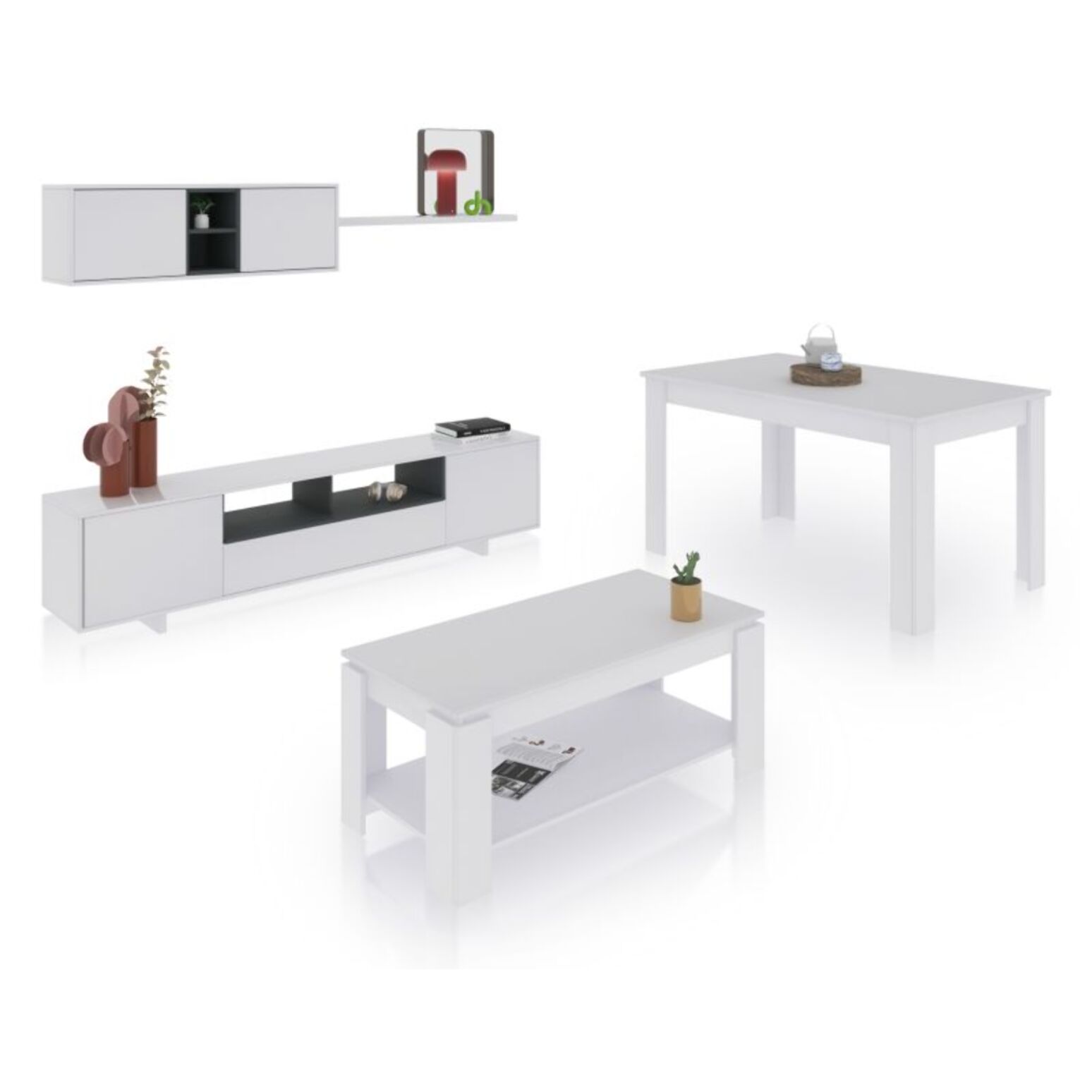 Pack salón con mesa de centro y mesa de comedor Kenzo Max V1A Blanco Brillo - Gris Antracita