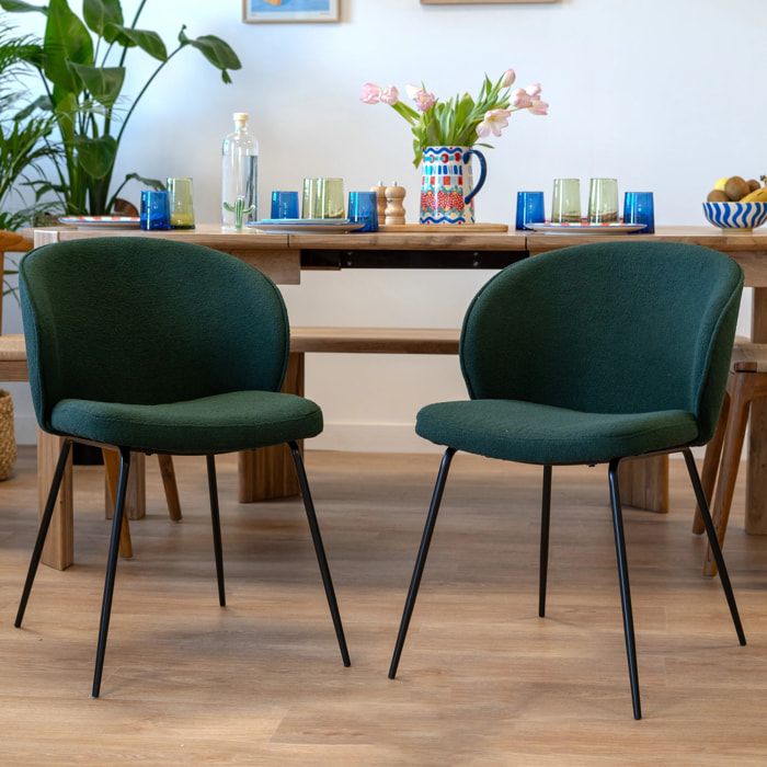 Lot de 2 chaises vertes en tissu bouclette et pied en métal - Groom