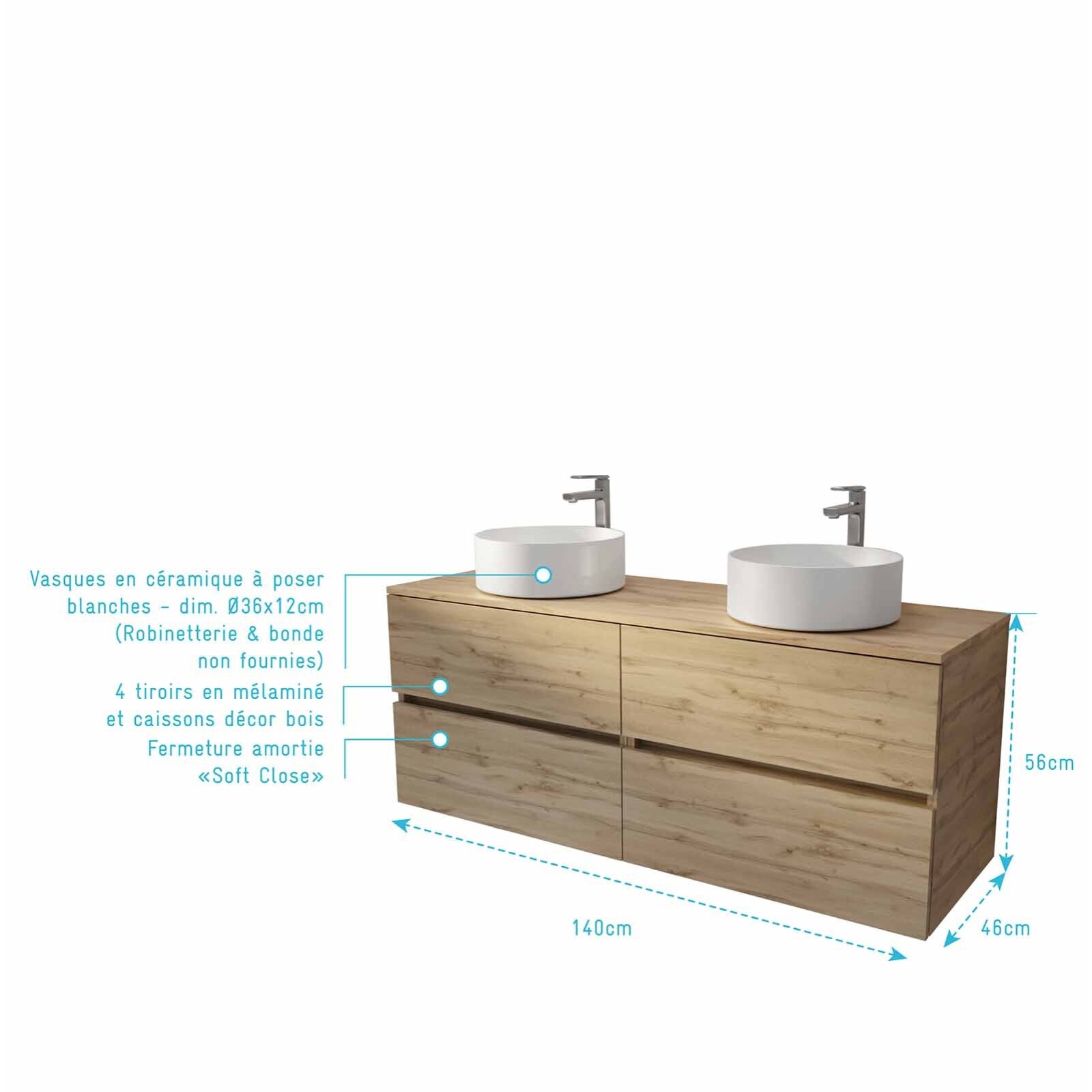 Meuble de salle de bains 140 TIMBER Décor Chêne - 4 Tiroirs - 2 Vasques Rondes Blanches 36cm