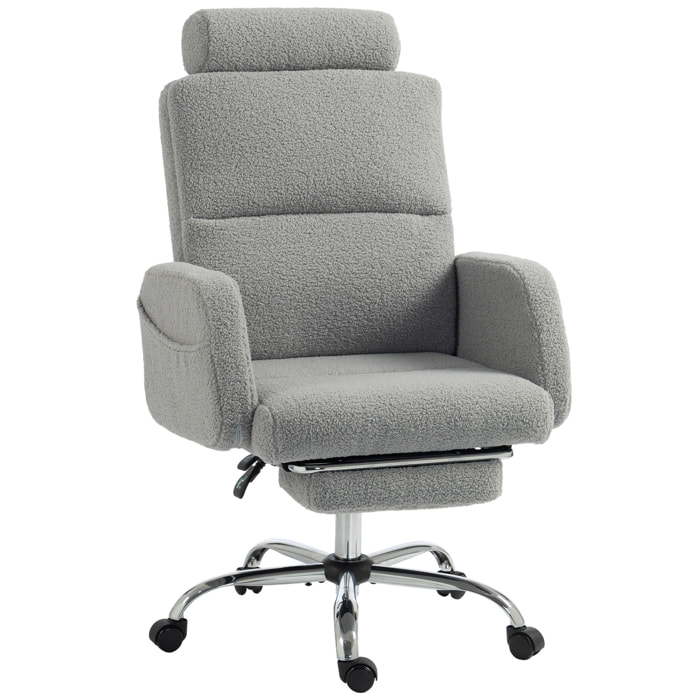 Silla de Escritorio con Reposapiés Tapizada en Borreguito Silla de Oficina con Respaldo Reclinable Reposacabezas Ajustable Respaldo Alto Altura Ajustable Gris Claro