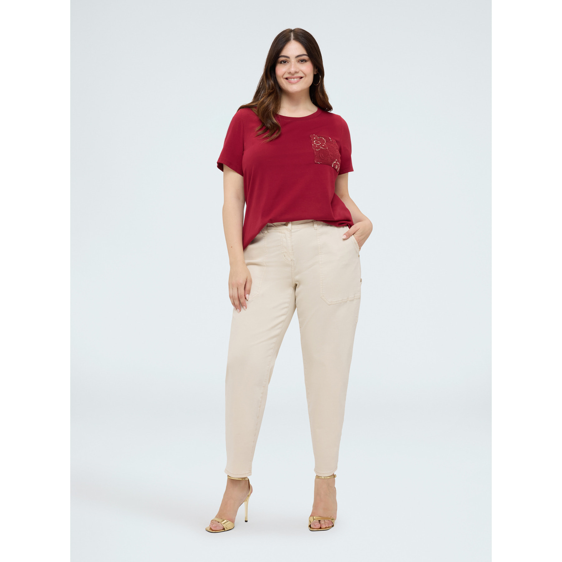 Fiorella Rubino - Camiseta de algodón con bolsillo de ganchillo y lentejuelas - Burgundy