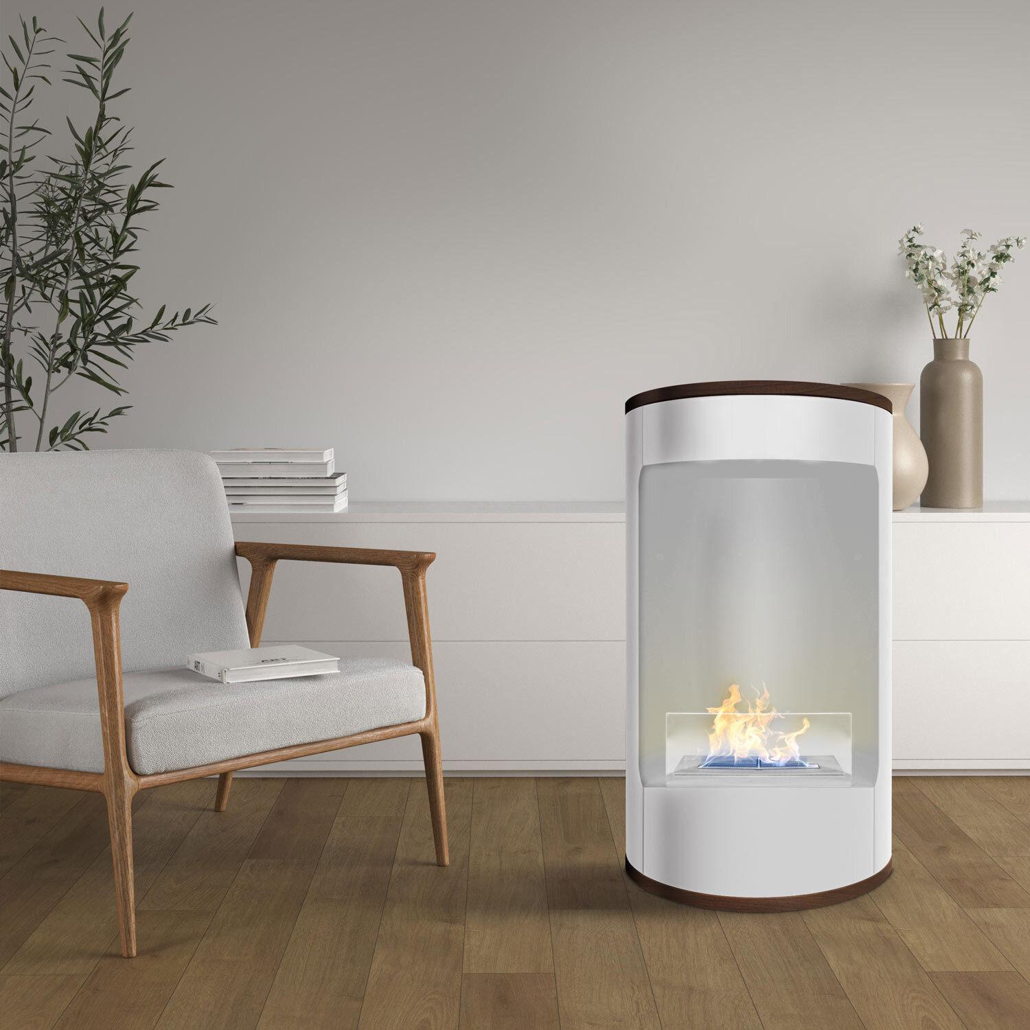 Ottaviano - Camino a bioetanolo da terra freestanding con doppio ripiano in legno melaminico, Ø 40xH67,5 cm colore bianco