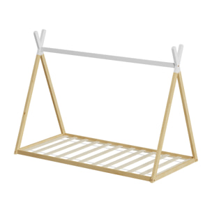 Lit Tipi 90 x 190 cm, couleur Blanc & Bois, En Bois de Pin Naturel, Robustesse et Durabilité, Stimule l'Imagination des Enfants