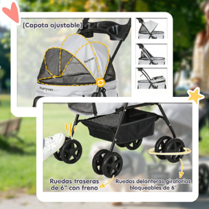 Cochecito para Perros Plegable, Carrito para Perros Pequeños de 4 Ruedas de EVA, Giratorio y Freno, Cesta, Correas de Seguridad, Capota Ajustable, Portavasos y Ventana, 67x45x96 cm, Gris Claro