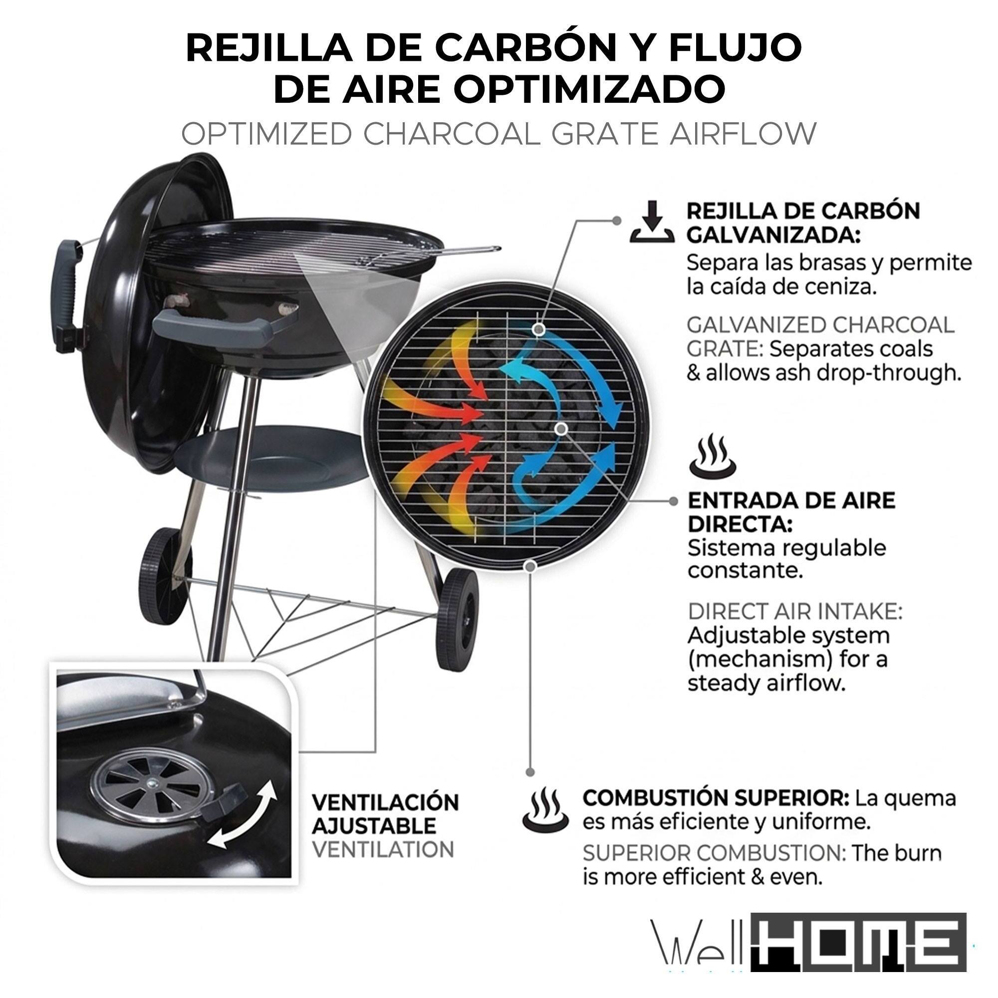 Barbacoa de Carbón con Ruedas Ø47cm - Parrilla de Acero Cromado y Rejilla para Carbón - Para Jardín, con Patas de Acero Inoxidable