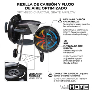 Barbacoa de Carbón con Ruedas Ø47cm - Parrilla de Acero Cromado y Rejilla para Carbón - Para Jardín, con Patas de Acero Inoxidable