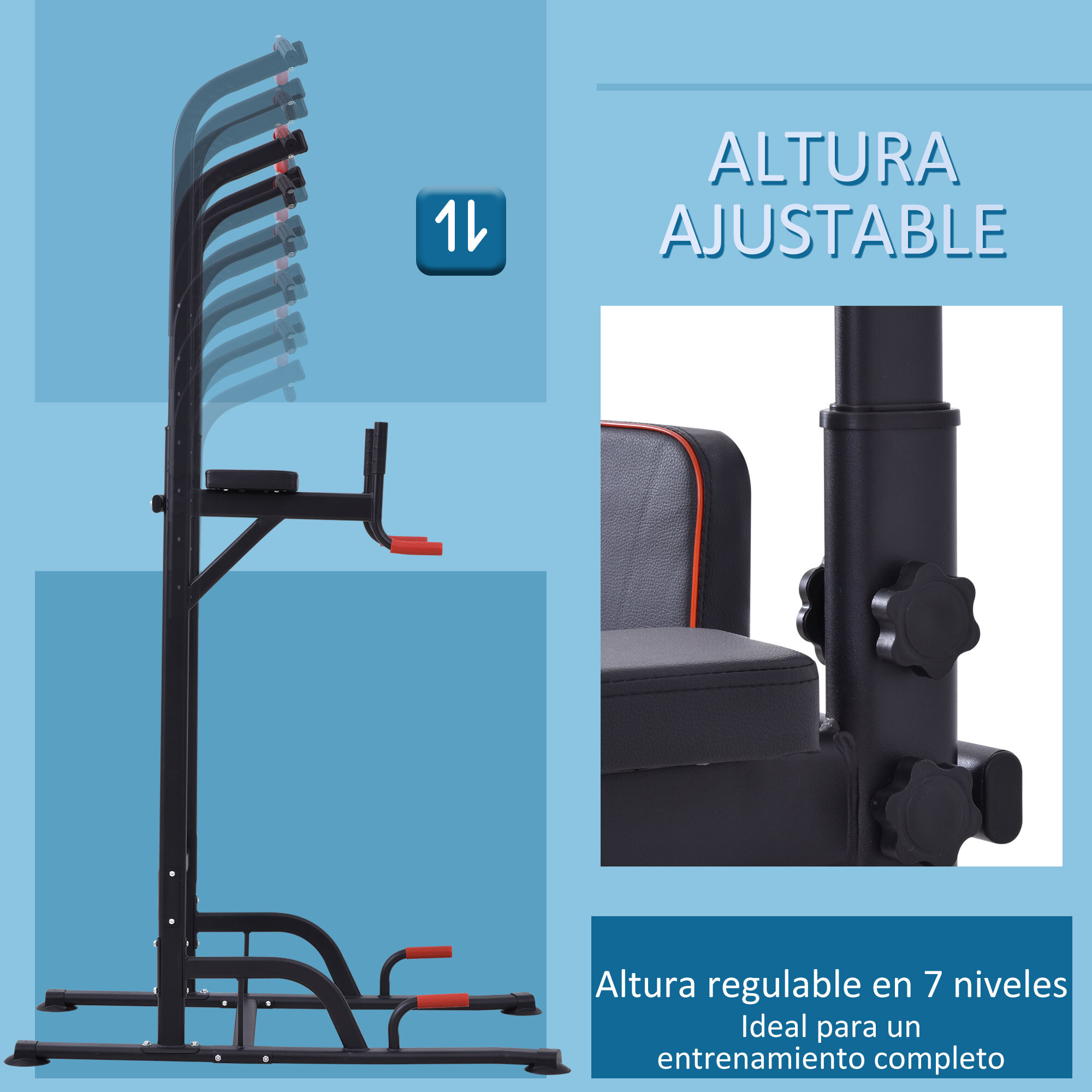 Torre de Ejercicios Estación Multifuncional Altura Ajustable con 7 Orificios para Entrenamiento Fitness Casa Gimnasio Oficina Carga Máx. 120 kg 123x98x189-239 cm Negro y Rojo