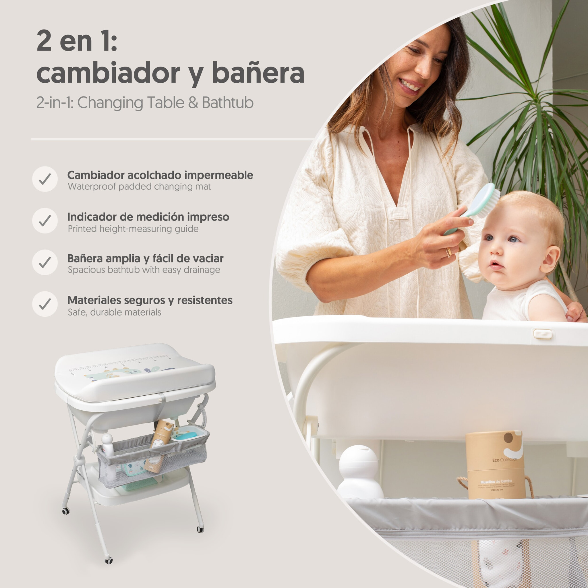 Bañera Bebe Plegable con Cambiador y Hamaca, modelo Dino