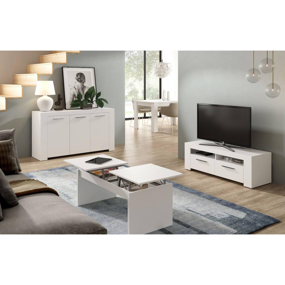 Credenza Bellevue, Madia moderna a 3 ante, Buffet da soggiorno, Mobile porta TV, Madia per salotto, cm 144x42h80, Bianco