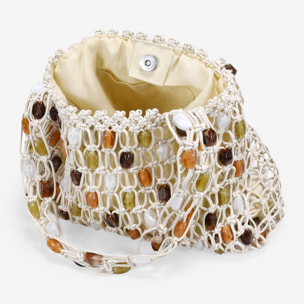 Bolso de hombro beige en macramé con piedras