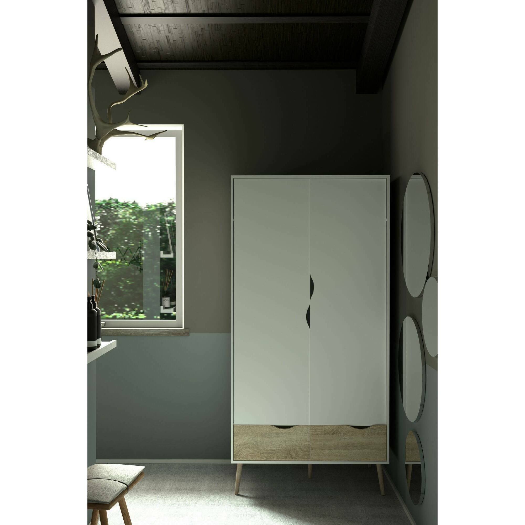 Guardaroba 2 ante Archilllo, Mobile camera da letto, Cabina armadio portabiti, Armadio appendiabiti, 99x58 h200 cm, Bianco e Quercia