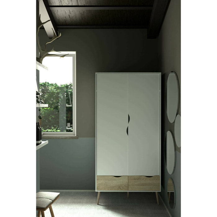 Guardaroba 2 ante Archilllo, Mobile camera da letto, Cabina armadio portabiti, Armadio appendiabiti, 99x58 h200 cm, Bianco e Quercia