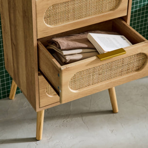 Commode chiffonnier effet bois et cannage 4 tiroirs naturel. poignée en métal doré - L 48 x P 39.5 x H 96 cm - Eva