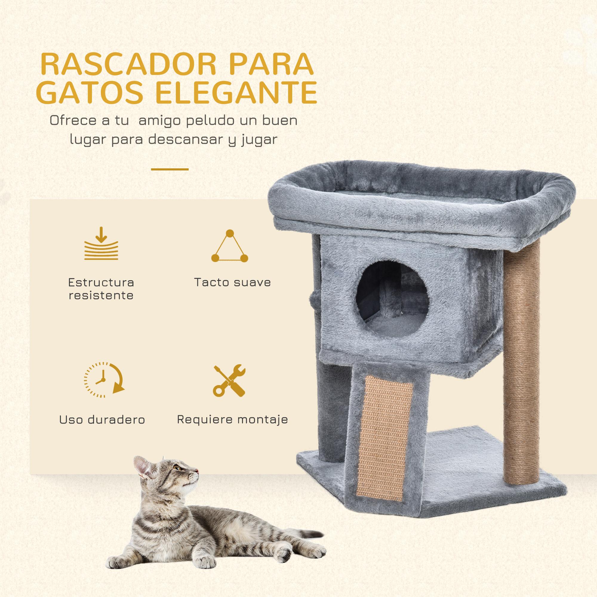 Árbol Rascador para Gatos Pequeños de 57 cm Torre para Gatos con Poste de Yute Rampa para Rascar Cama y Bola Colgante 40x40x57 cm Gris