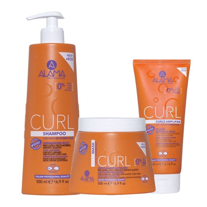 ALAMA Professional Kit Curl Definizione Ricci Shampoo 500ml + Mask 500ml + Fluido Modella Ricci 200ml