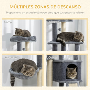 Árbol Rascador para Gatos, Árbol para Gatos 127 cm, Torre Escalador con Cueva, Hamaca, Cama, Plataformas, Rampa de Sisal, Bola Colgante, Gris