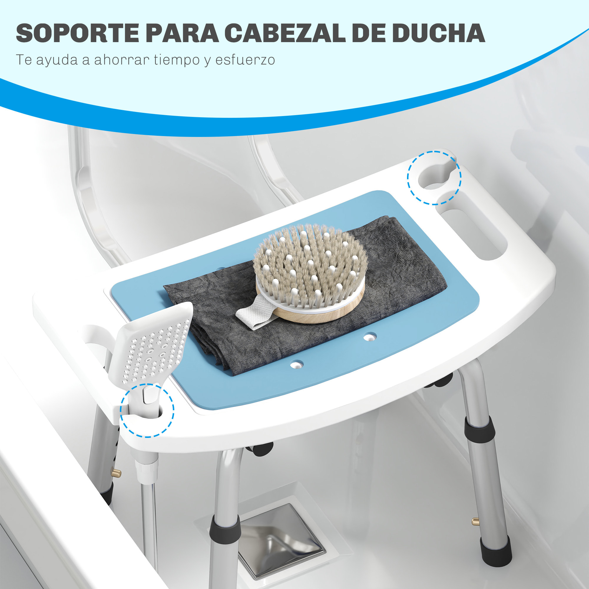 Silla Ducha Personas Mayores con Respaldo, Silla de Ducha Antideslizante con Altura Ajustable en 6 Posiciones, Carga 136 kg, para Ancianos y Discapacitados