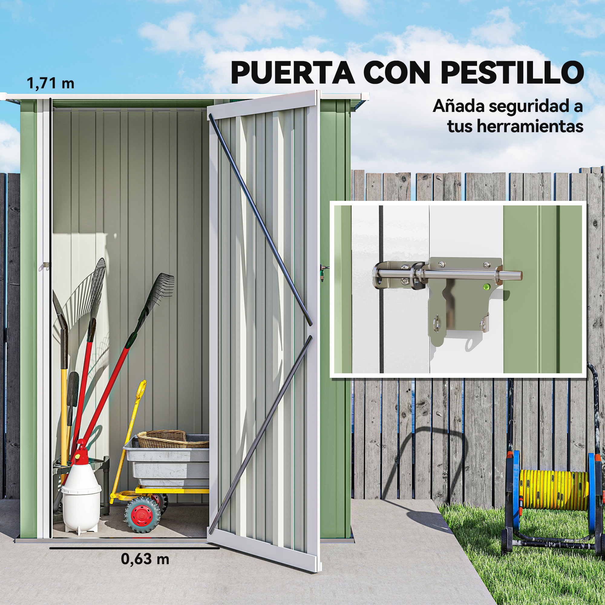 Caseta de Jardín 1,07 m² 142x86x189 cm Cobertizo Exterior Metálico con Puerta Cerradura y Orificios de Drenaje para Almacenamiento de Herramientas Verde Claro