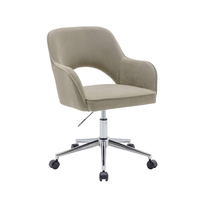 Chaise de bureau à roulettes velours côtelé taupe piétement chromé. L 60 x P 62 x H 89 / 99cm