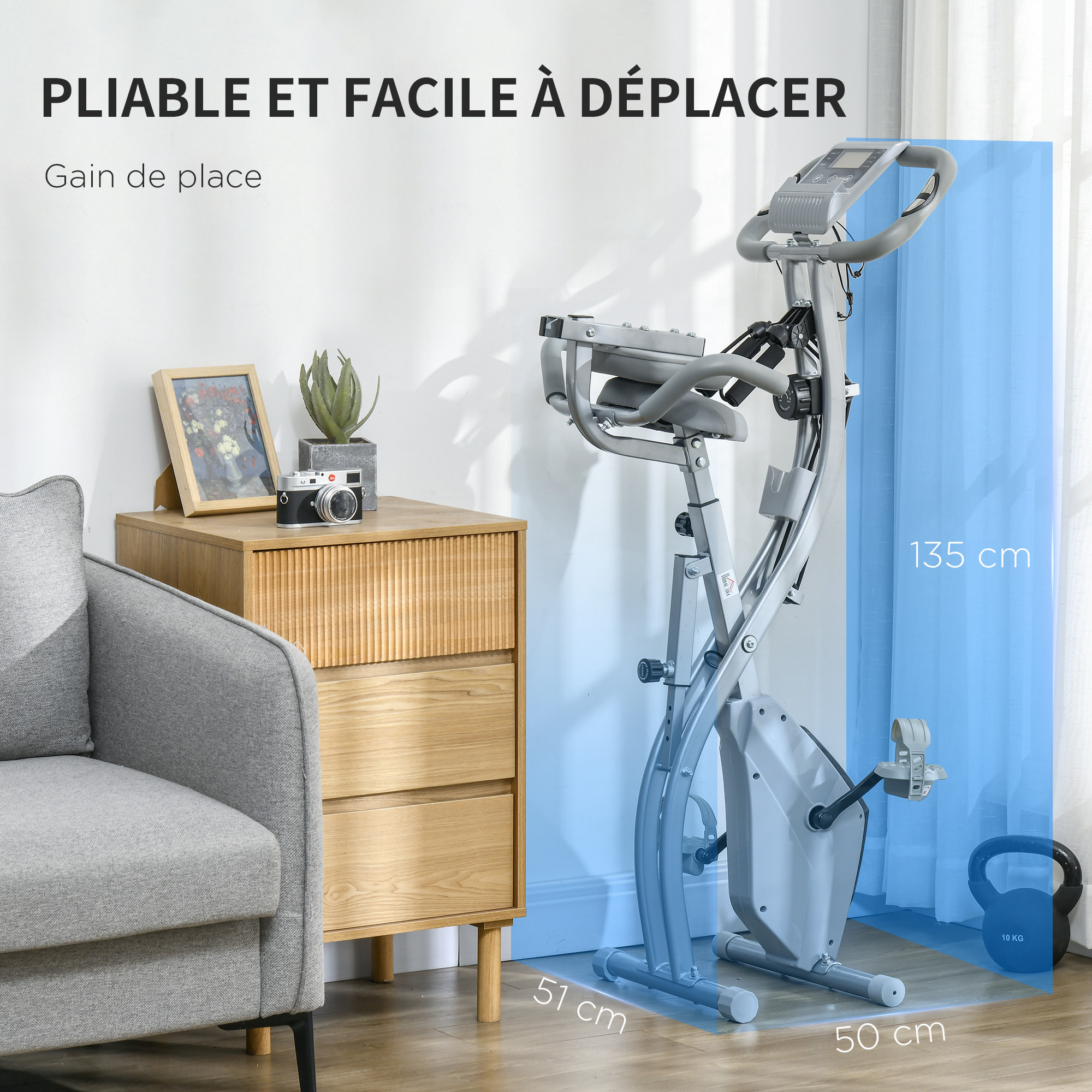 Vélo d'appartement pliant 8 niveaux de résistance magnétique dossier selle réglable poignées ergonomiques écran LCD multifonction suspensions support tablette acier gris