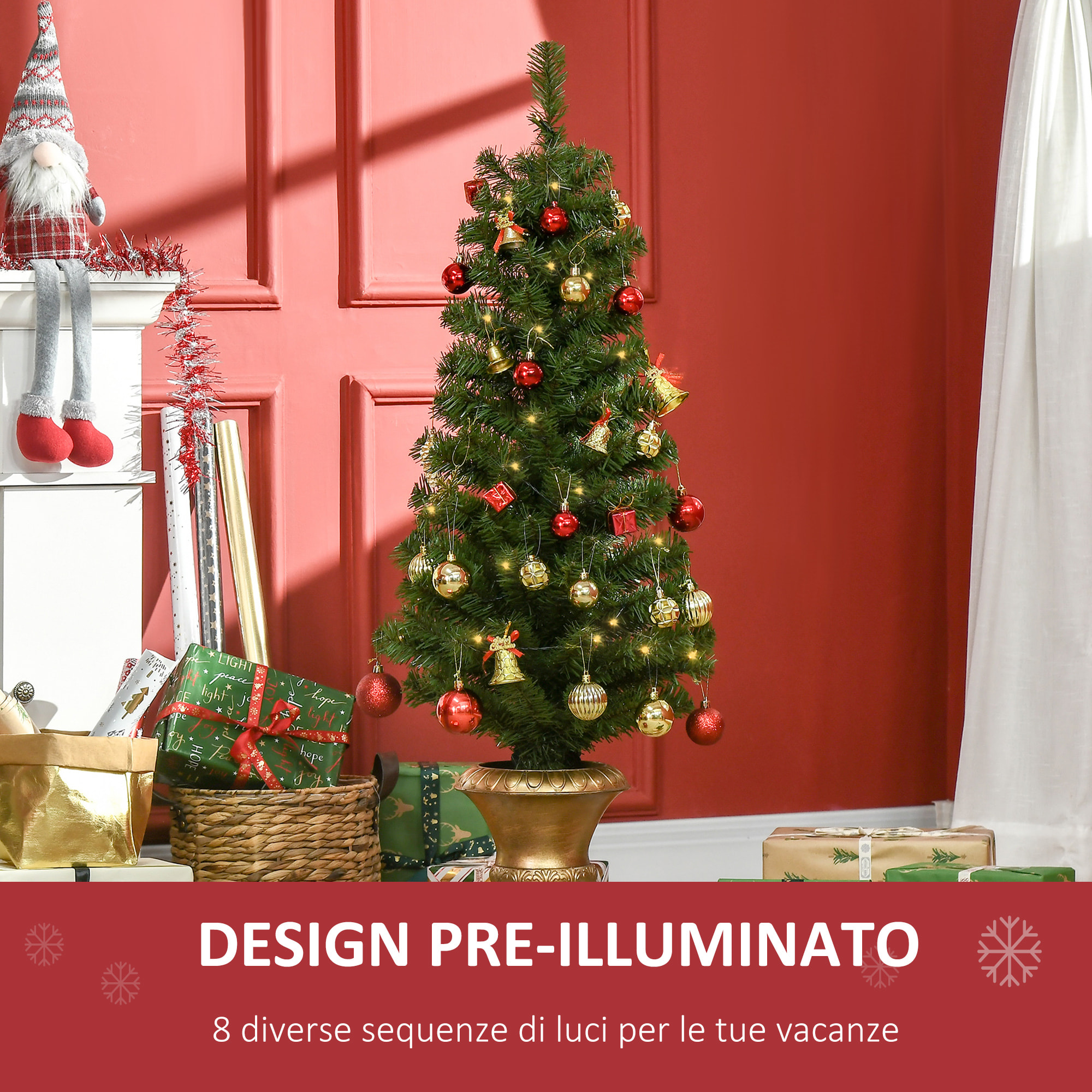 HOMCOM Albero di Natale Artificiale da 120cm con 60 Luci LED e 140 Rami per Interni, Verde