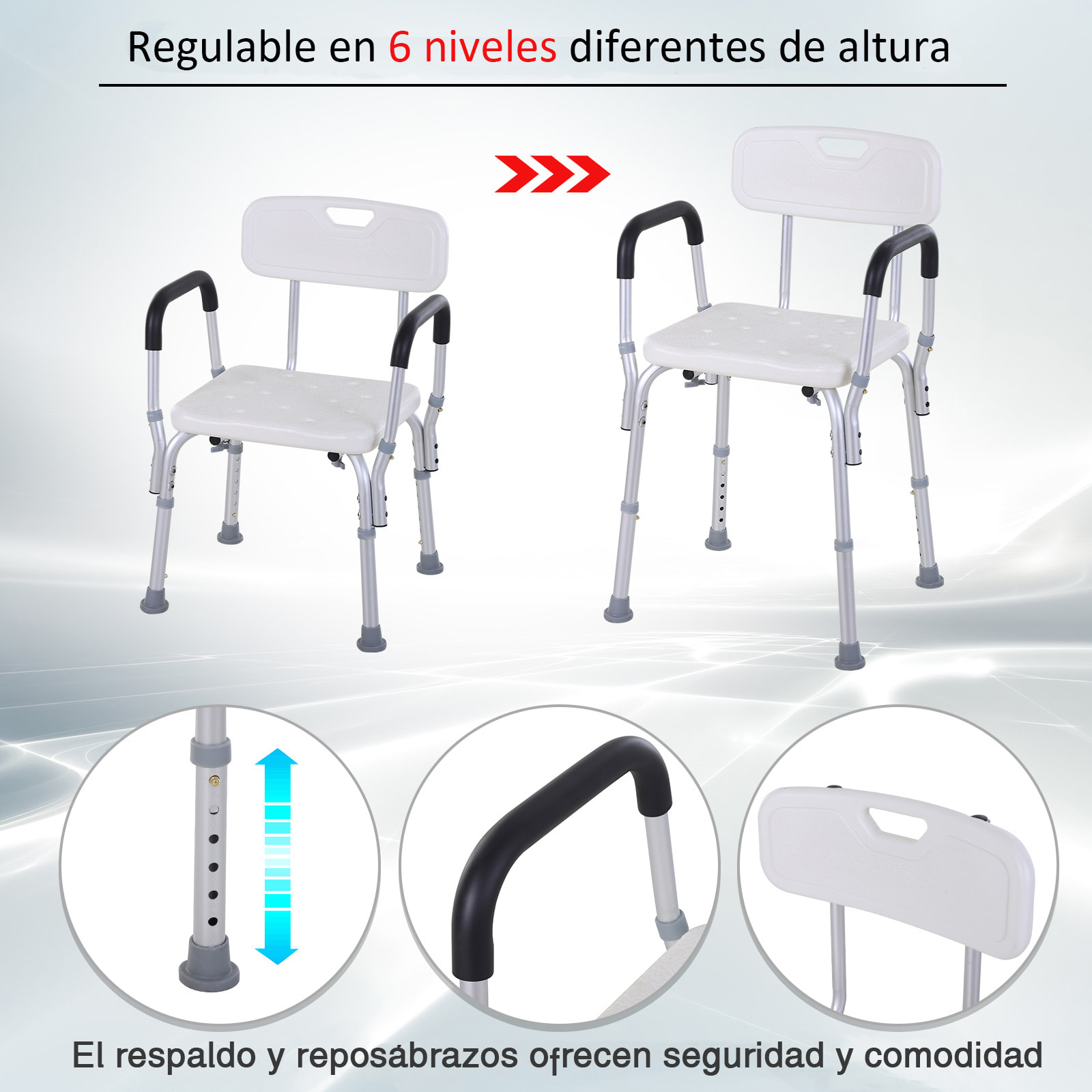 Silla de ducha Regulable con Reposabrazos 51,5x43,5x71-84cm