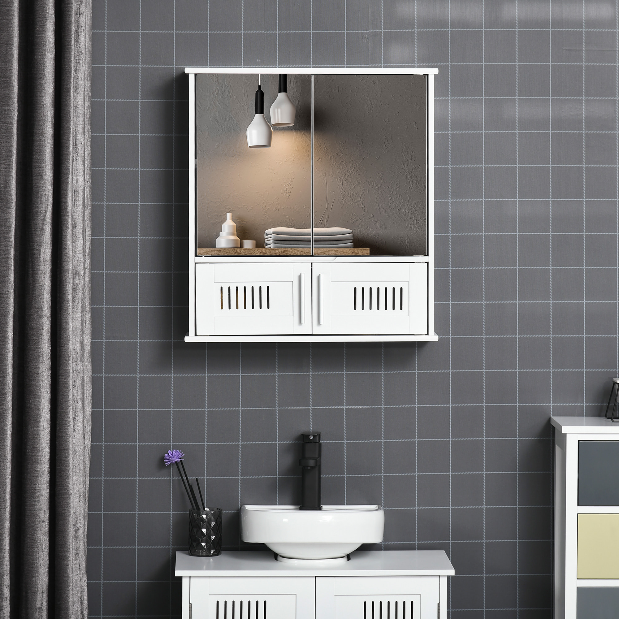 Armoire murale de salle de bain avec miroir - armoire à glace - placard de rangement toilettes - 4 portes, étagère - verre MDF blanc