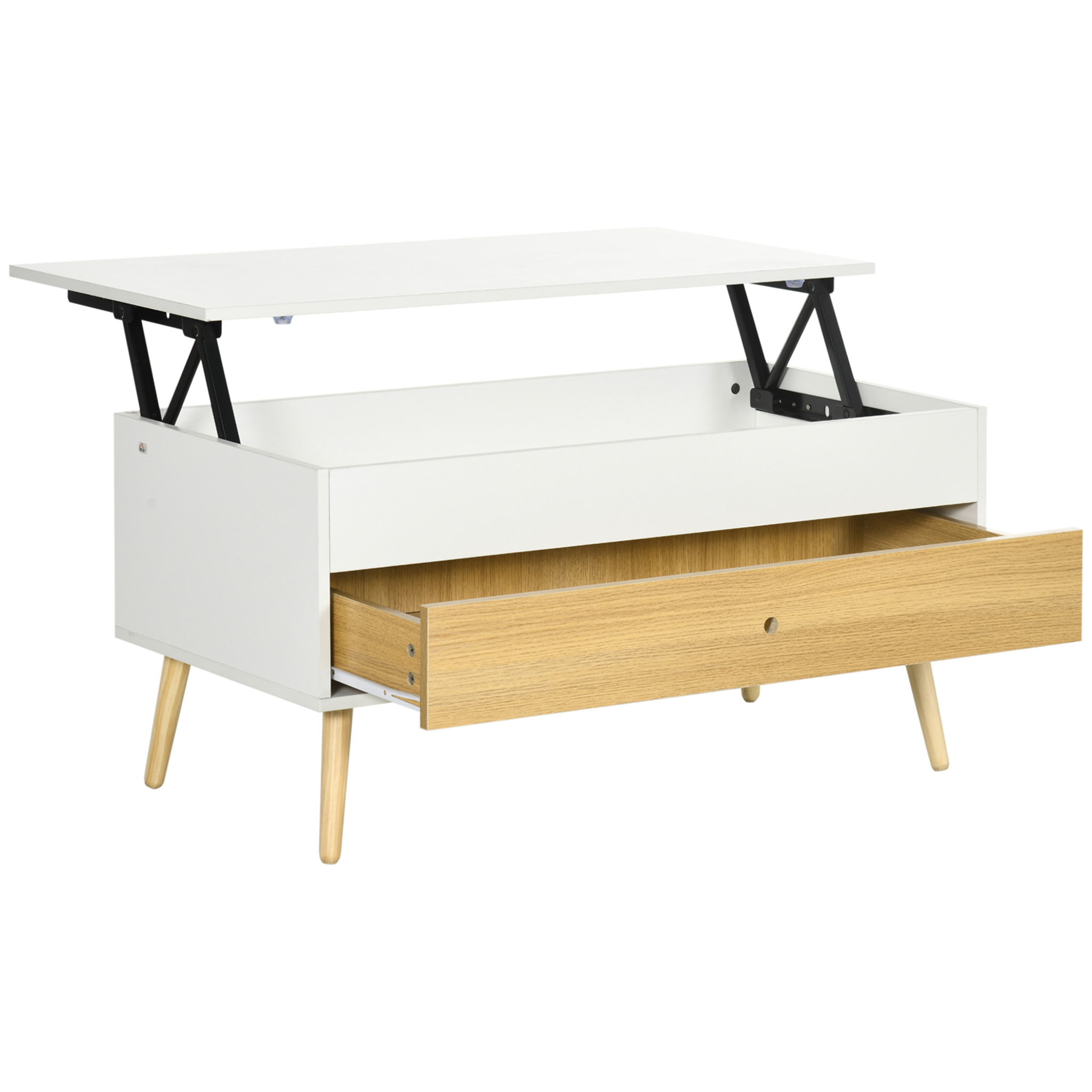 Table basse relevable - tiroir, coffre de rangement - dim. 100L x 50l x 49H cm - blanc aspect bois clair