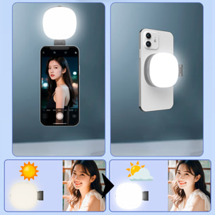 Lámpara de iluminación suplementaria para selfies con espejo, 3 tipos de luz, regulación de brillo y batería recargable.