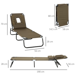 Tumbona Plegable con Respaldo Regulable en 4 Posiciones Tumbona de Jardín con Orificio de Lectura Almohada Marco Metálico y Tela Oxford para Playa Terraza Carga 120 kg 190x56x28 cm Marrón