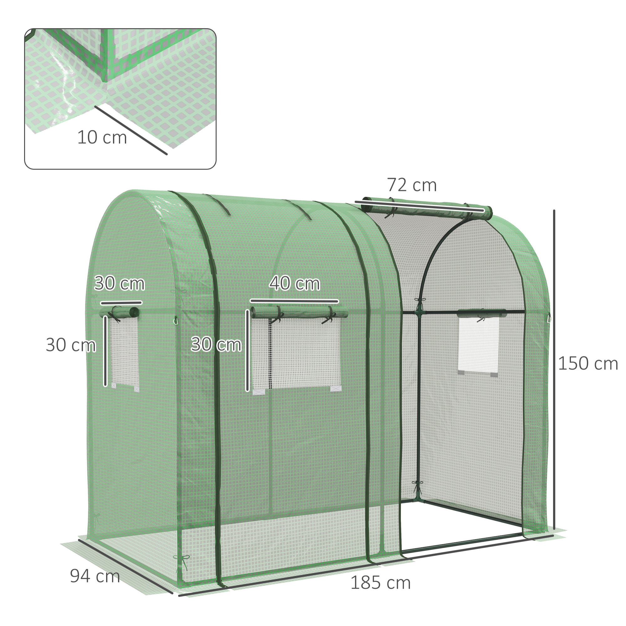 Serre de jardin 1,8 m² - 2 portes zippées 4 fenêtres - acier PE vert