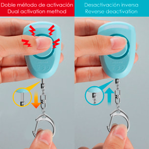 Alarma SOS personal con LED brillante y sonido de 130 dB. Batería recargable y activación rápida por tirón de anilla.