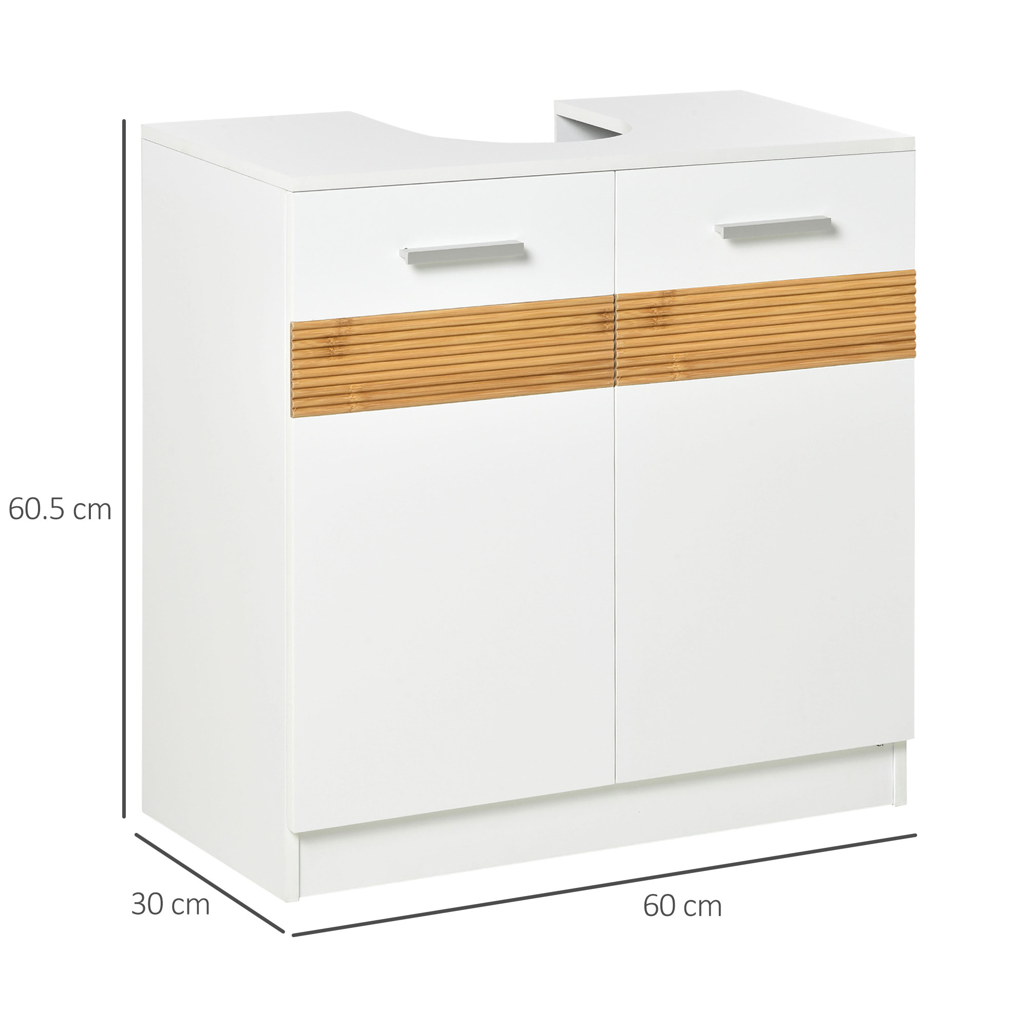 Meuble vasque style cosy chic bandeau 10 bambous placard 2 portes avec étagère MDF dim. 60L x 30l x 60,5H cm blanc