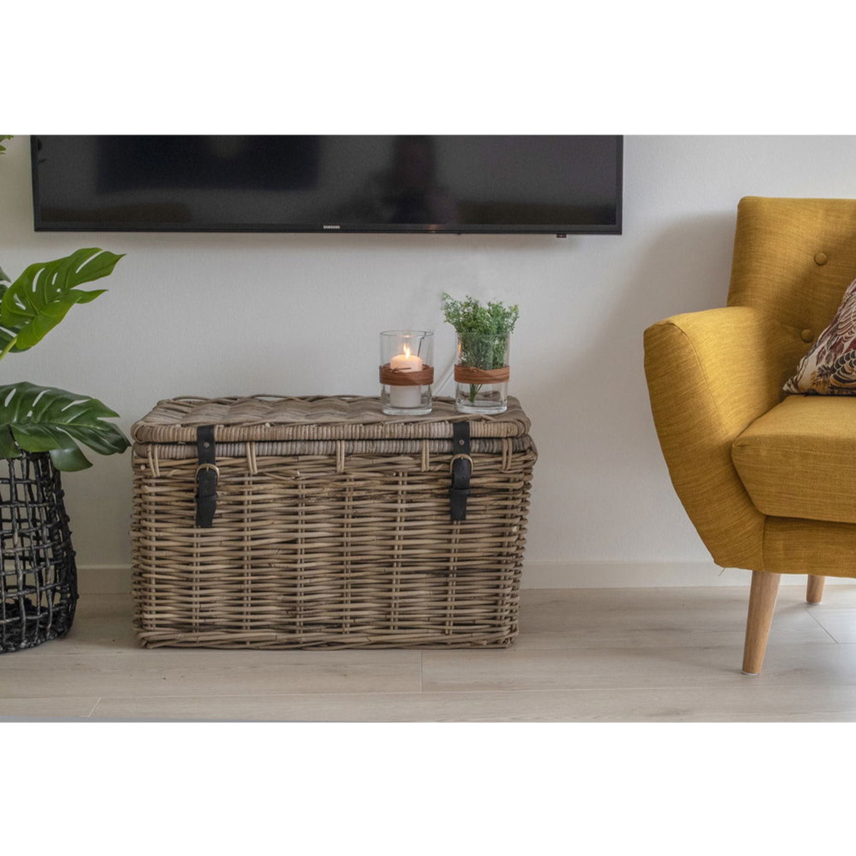 Set 3 bauli portaoggetti Depok in rattan kubu grigio con manici in pelle
