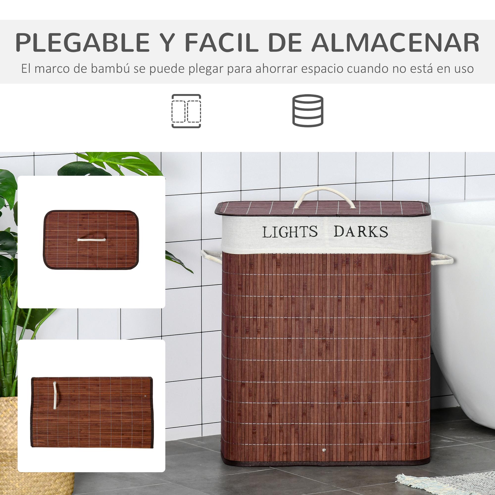 Cesto para Ropa Sucia de Bambú Capacidad de 100L Cesta para la Colada Rectangular con Tapa Extraíble Bolsa de 2 Compartimentos 52x32x63 cm Marrón