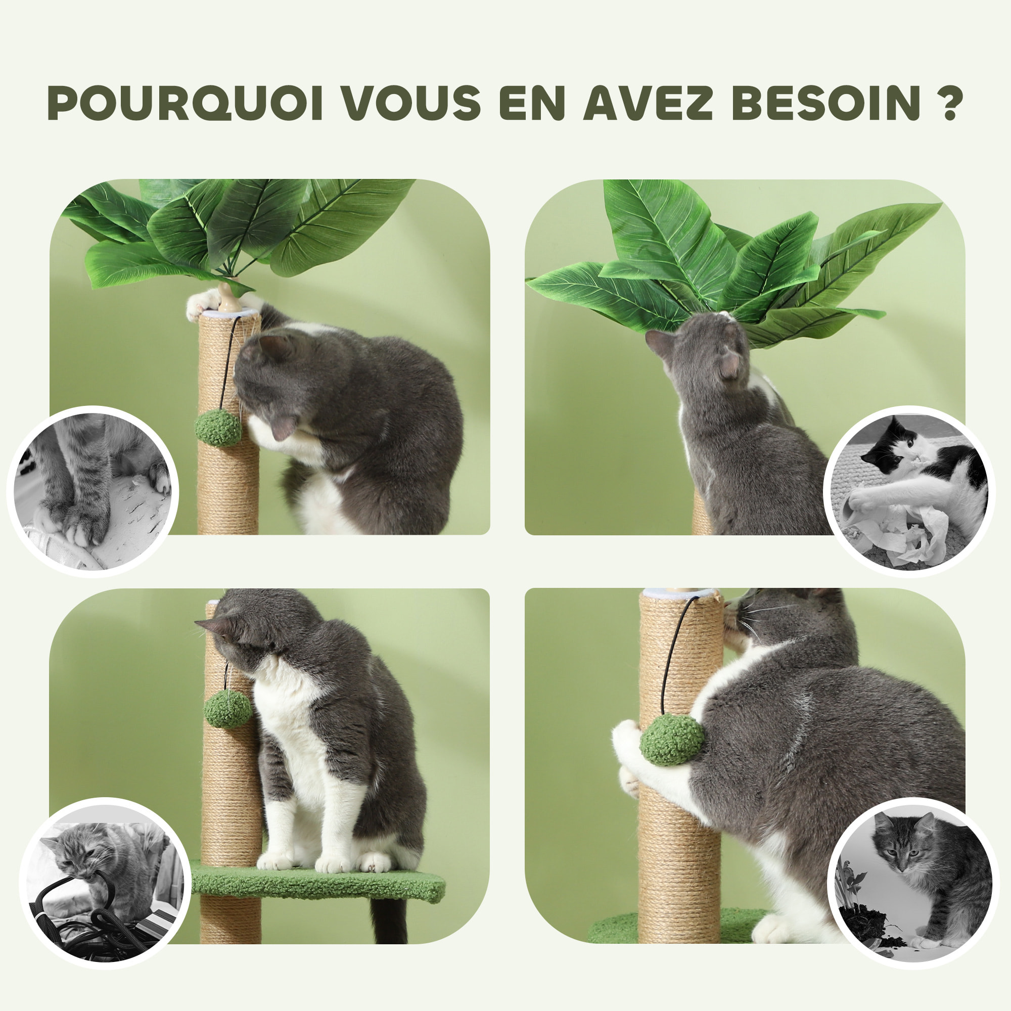 Arbre à chat design tropical - plateforme, griffoir, 2 jeux boules - beige vert