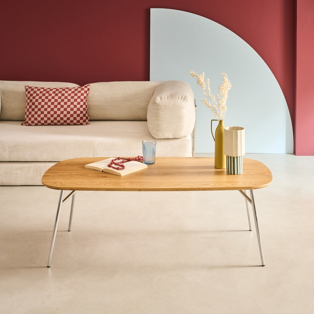 Table basse rectangulaire pieds chromés et décor bois  EZIA