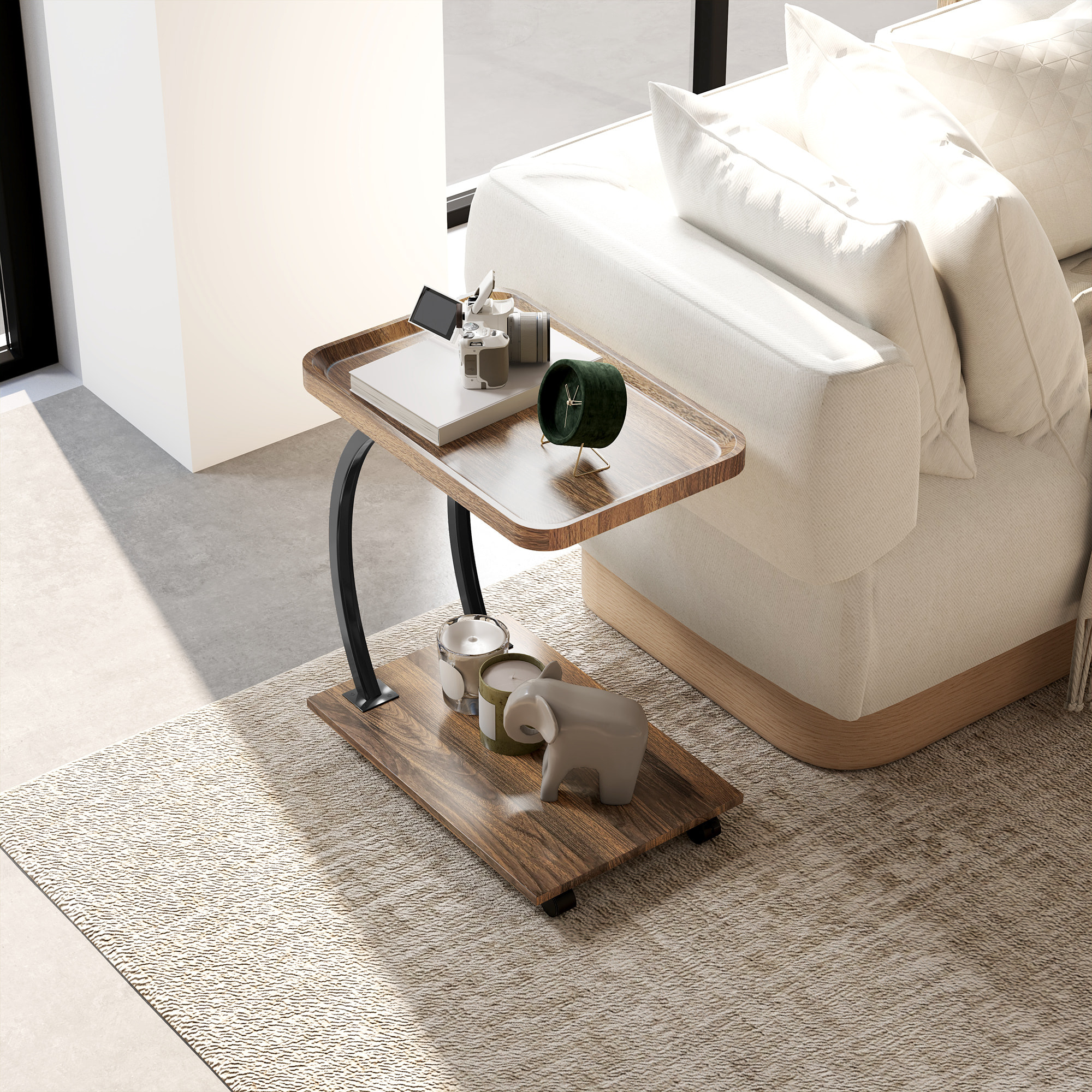 Mesa Auxiliar con Ruedas Mesa para Sofá con Bandeja Superior Estante Estructura de Acero Mesita Auxiliar para Salón Dormitorio Marrón