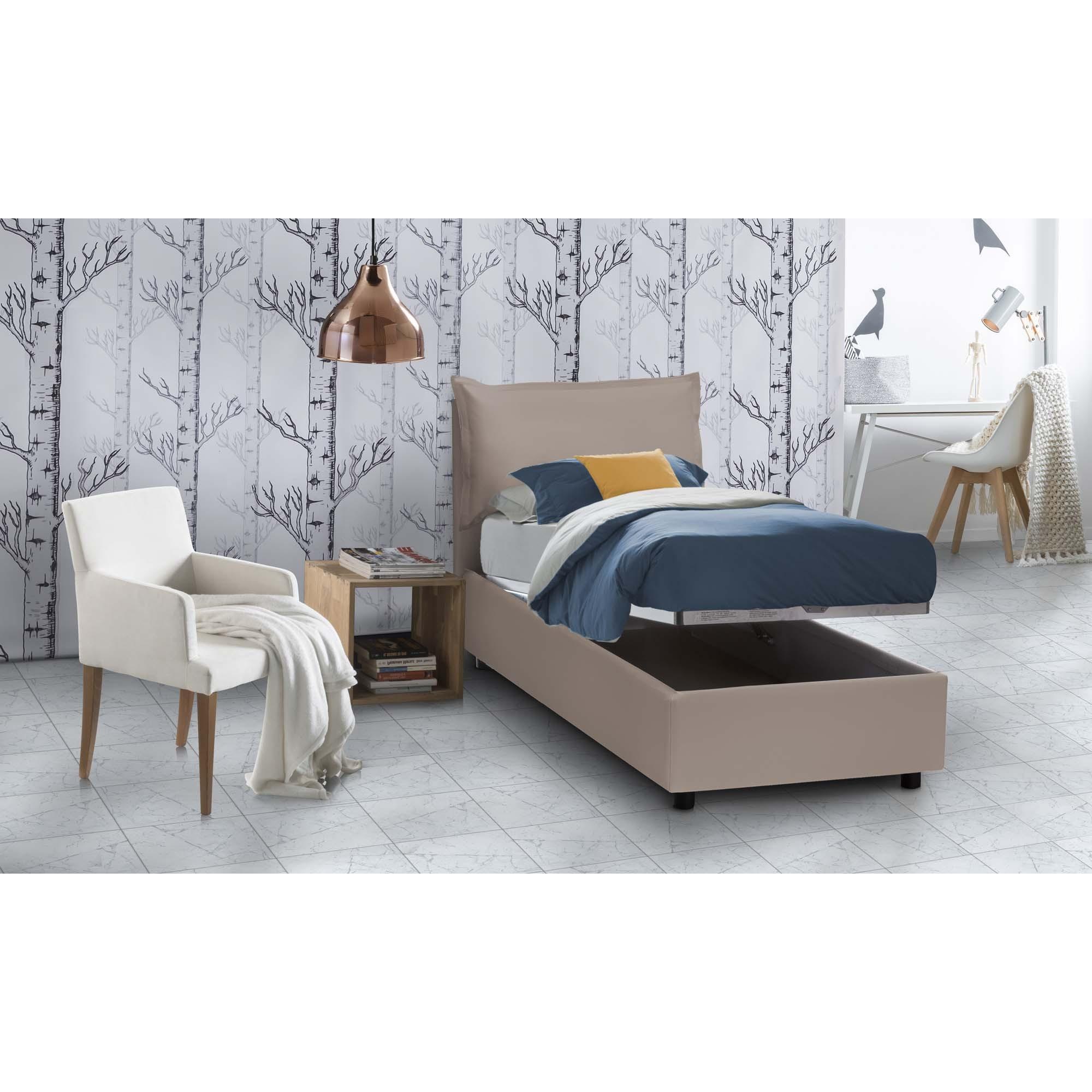 Letto singolo Emilia, Letto contenitore con rivestimento in ecopelle, 100% Made in Italy, Apertura frontale, con materasso Cm 90x200 incluso, Tortora