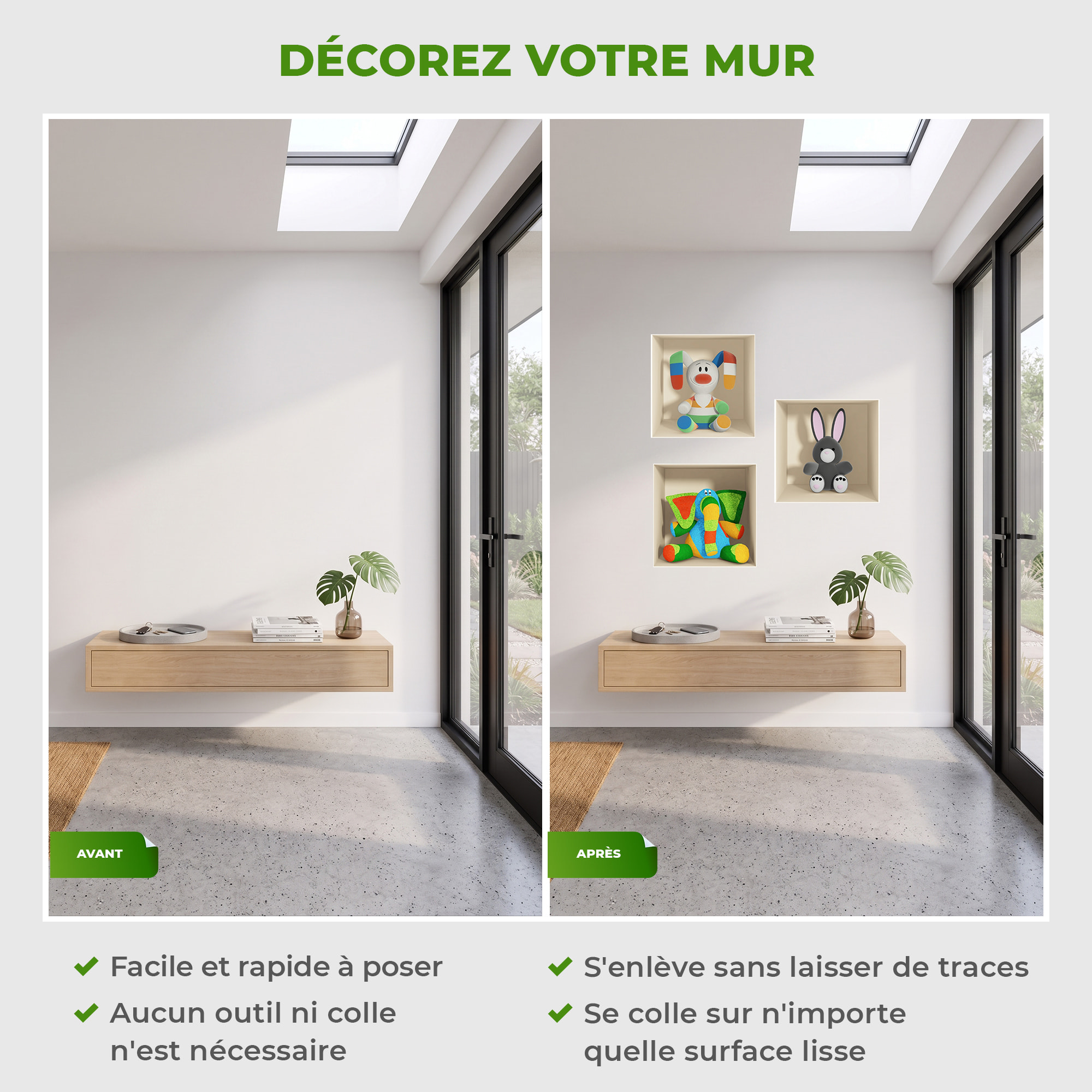 Stickers muraux 3D | Sticker Mural Autocollant effet 3D jouets Ãƒâ€°léphant, lapin gris et lapin en couleurs - Stickers adhésifs 3D Chambre Salon Trompe l'oeil