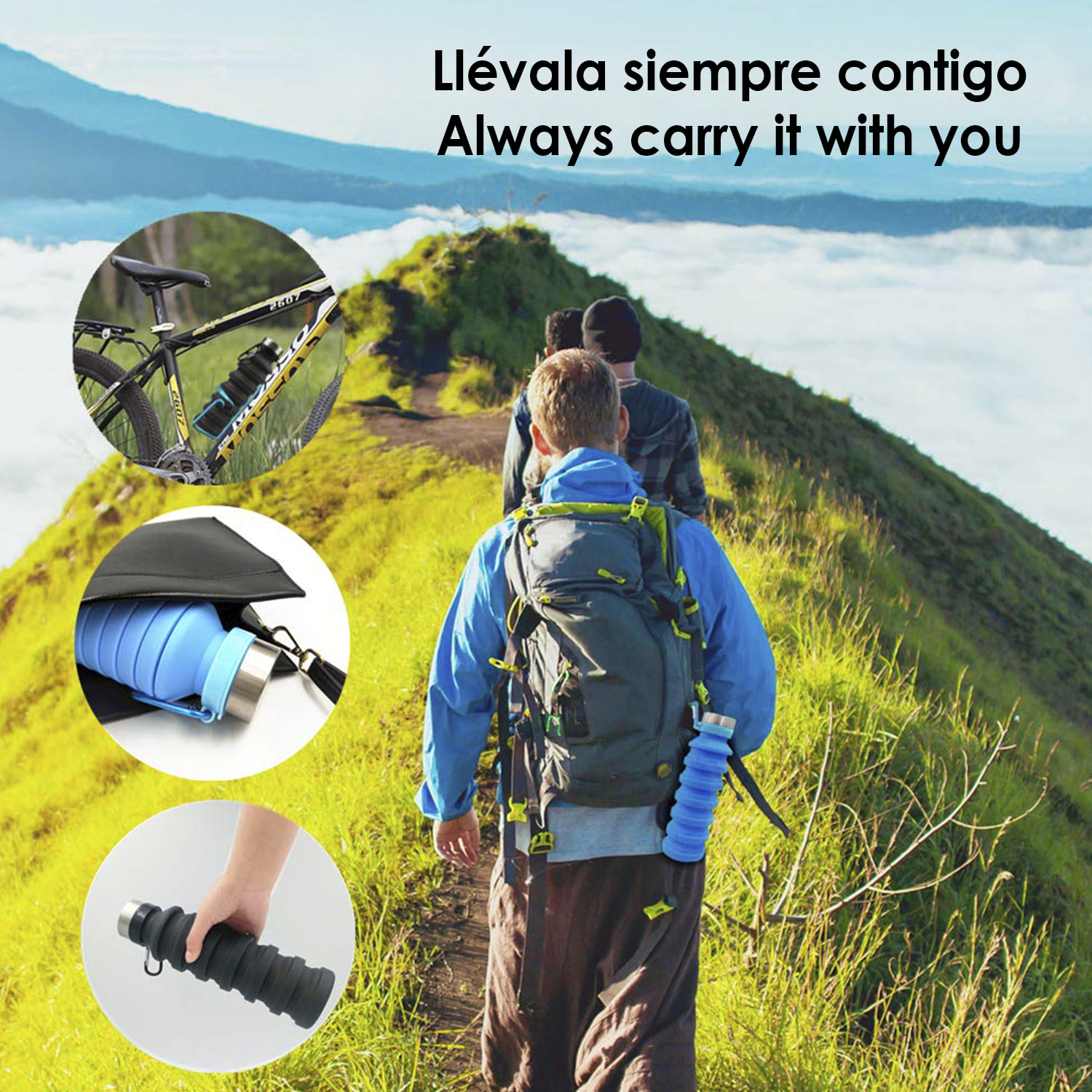 Bottiglia sportiva pieghevole in silicone. 470 a 550ml, senza BPA, tappo a vite in acciaio inossidabile.